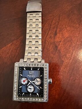 Fossil Silver Rectangular Crystal-Accent Bracelet Watch with Blue Dial